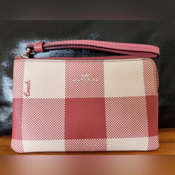 Coach Handbags - Coach Pink and Cream Buffalo Plaid Corner Zip Wristlet F67934
